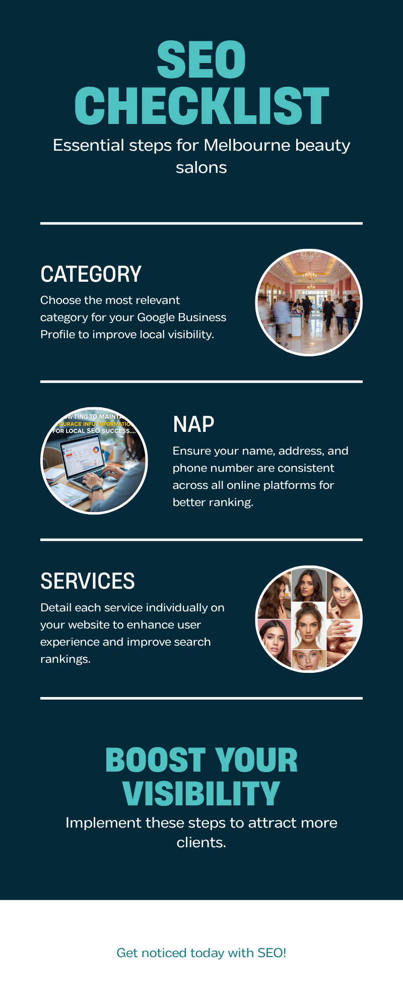 Five-step local SEO checklist infographic for Melbourne beauty salons, covering Google Business Profile setup, consistent business details, service listings, fresh photos and a direct booking link