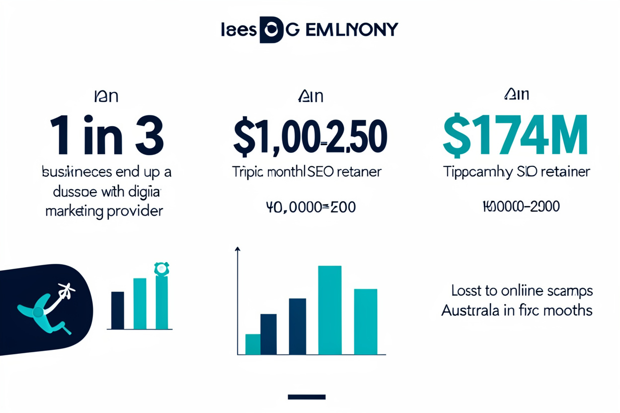 Data infographic showing statistics on small business disputes with digital marketing providers, typical SEO agency pricing, and online scam losses in Australia, relevant to red flags when hiring an SEO agency