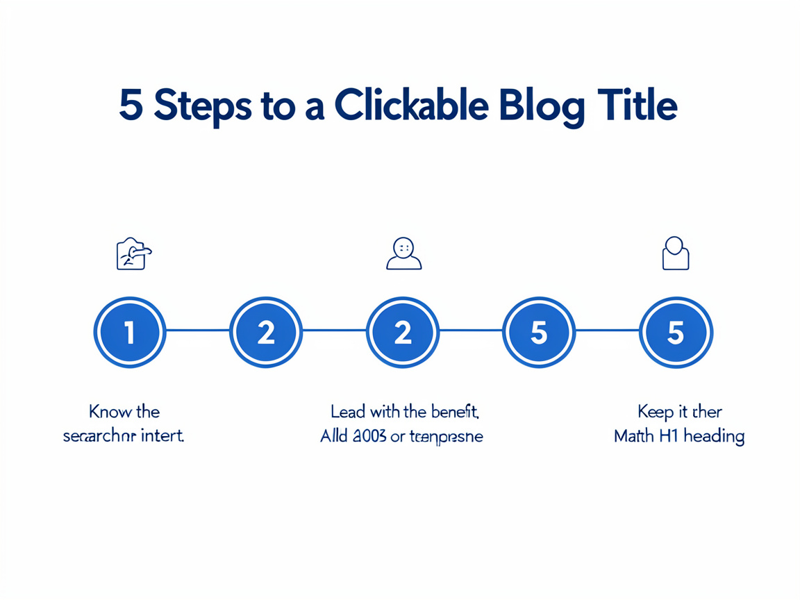 Infographic showing 5 steps to write blog titles that people actually click: know the search intent, lead with the benefit, add a number or timeframe, keep it under 60 characters, match the H1 heading.