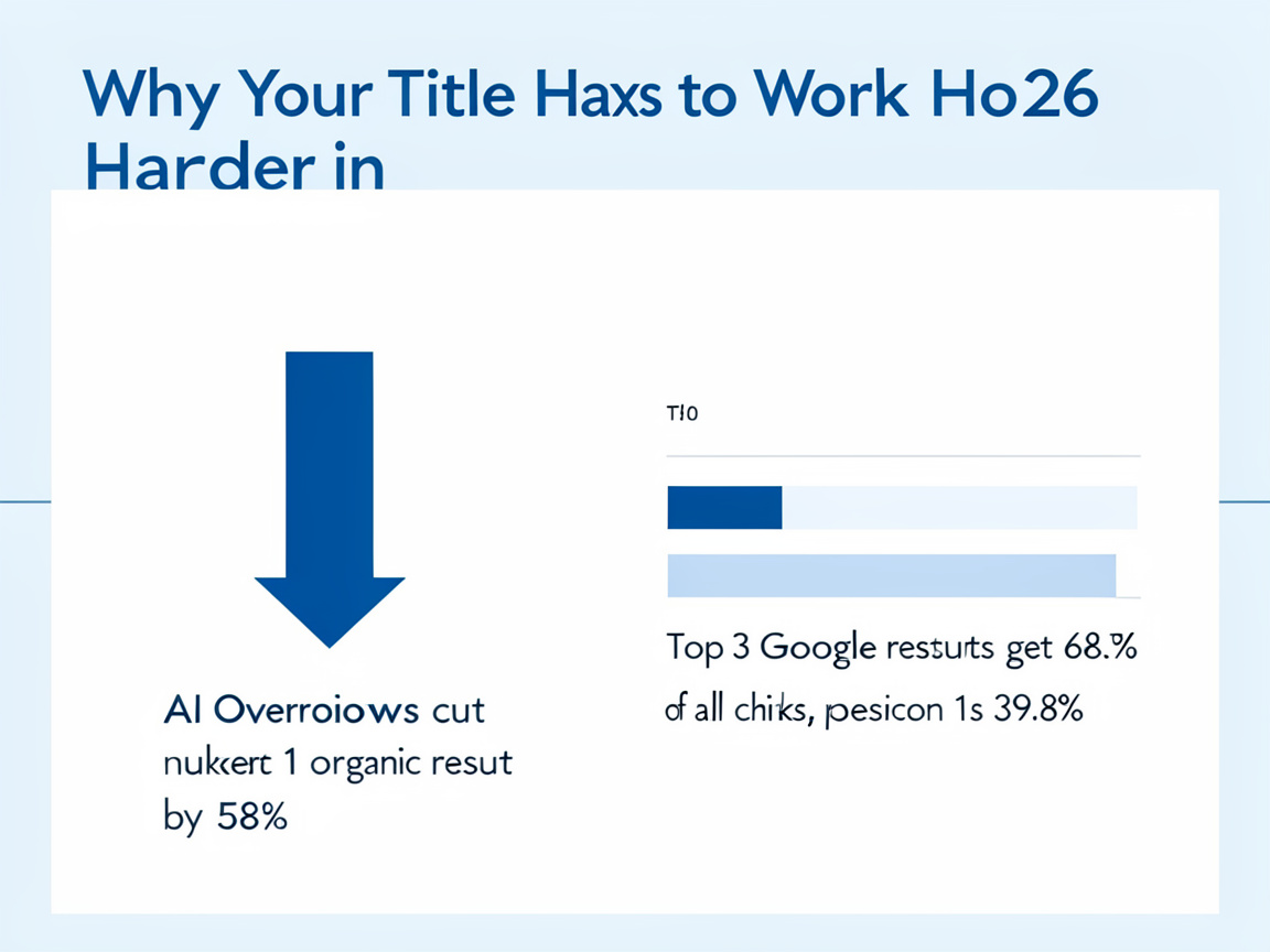 Data infographic on why blog titles matter more in 2026, showing AI Overviews cutting clicks to the top Google result by 58 percent and the top 3 results getting 68.7 percent of all clicks.
